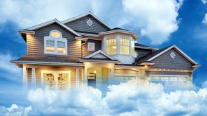 A large house floating amid fluffy clouds with the headline What is Escrow