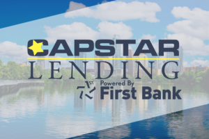 A beautiful scene of the Trinity River and the Dallas skyline with text that reads First Bank acquisition of Capstar Lending
