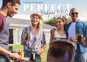 A group of friends at a barbecue laughing and eating with a headline that reads Perfect Backyard BBQ
