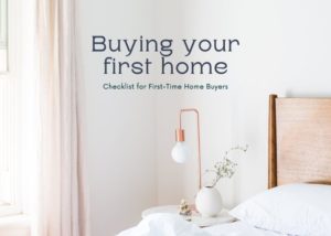 A sunny bedroom in a modern home with text that reads checklist for first-time home buyers