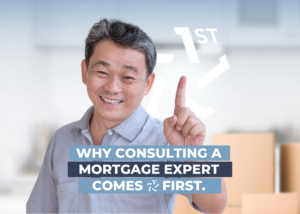 Smiling man visits First Step mortgage experts and gives number one sign